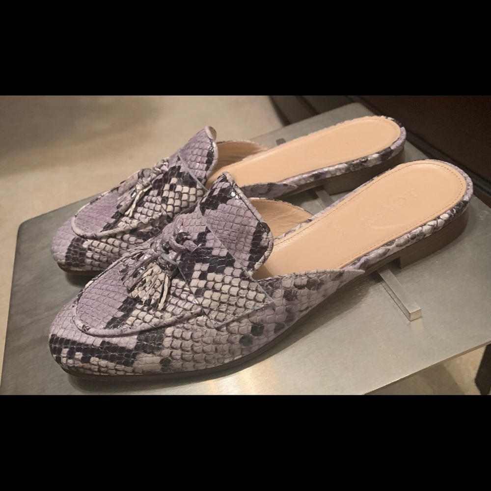 J. Crew Lavender Snake-Print Tassel Loafers